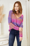 Double Take Multicolored Rib-Knit V-Neck Knit Pullover - Trendsi