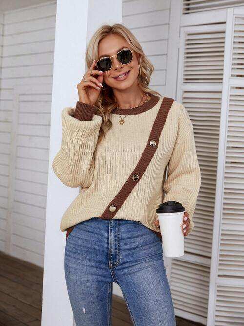 Decorative Button Round Neck Sweater - Trendsi - Flyclothing LLC