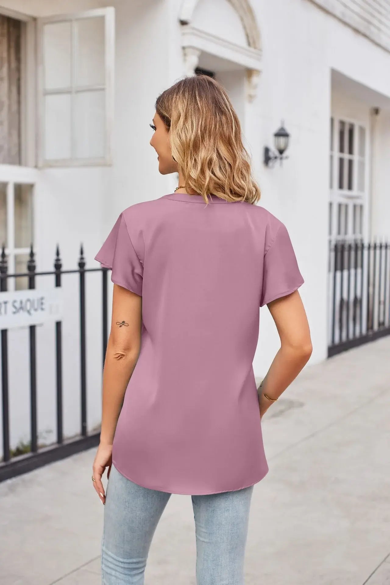Notched Neck Flutter Sleeve Satin Top - Trendsi - Flyclothing LLC