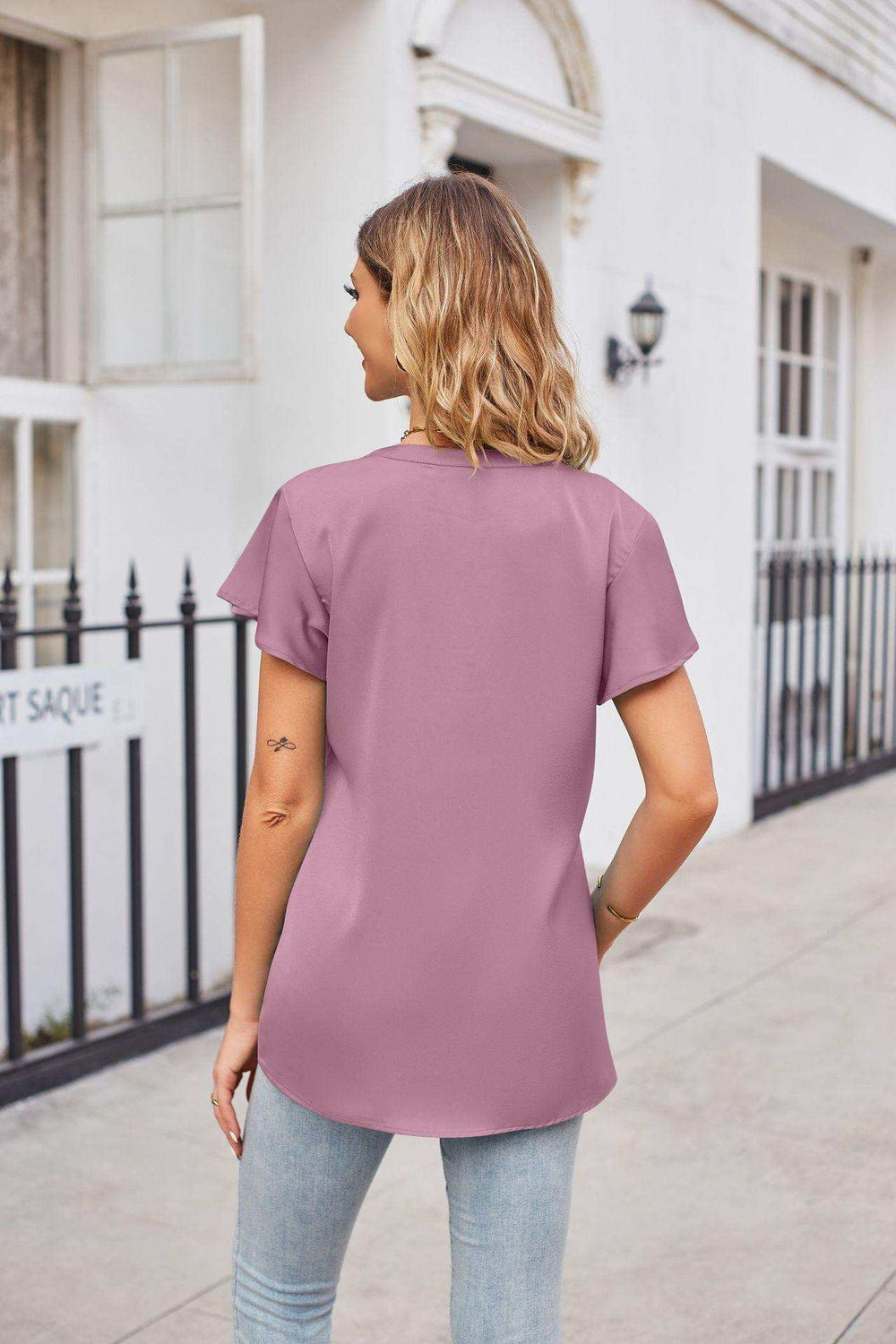 Notched Neck Flutter Sleeve Satin Top - Trendsi - Flyclothing LLC