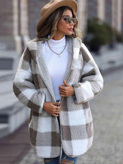 Plaid Open Front Hooded Coat - Trendsi