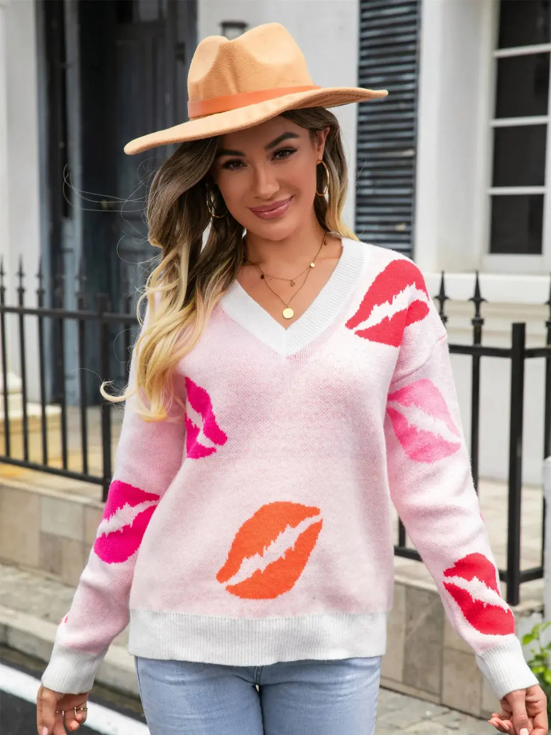 Lip V-Neck Drop Shoulder Sweater - Trendsi - Flyclothing LLC