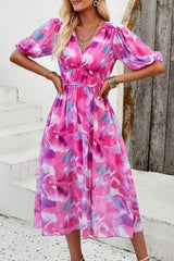 Smocked Printed V-Neck Short Sleeve Dress - Trendsi - Flyclothing LLC