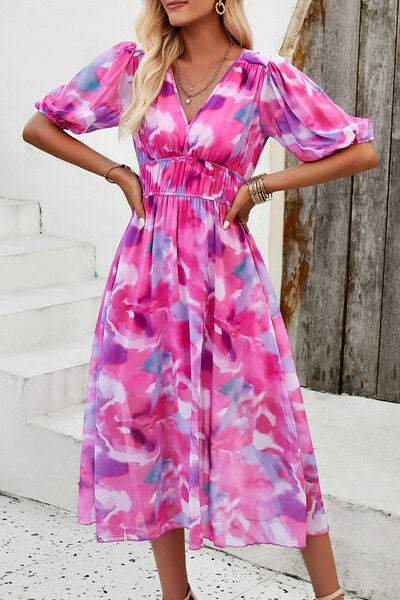 Smocked Printed V-Neck Short Sleeve Dress - Trendsi - Flyclothing LLC