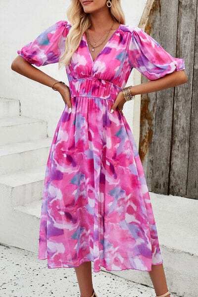 Smocked Printed V-Neck Short Sleeve Dress - Trendsi - Flyclothing LLC