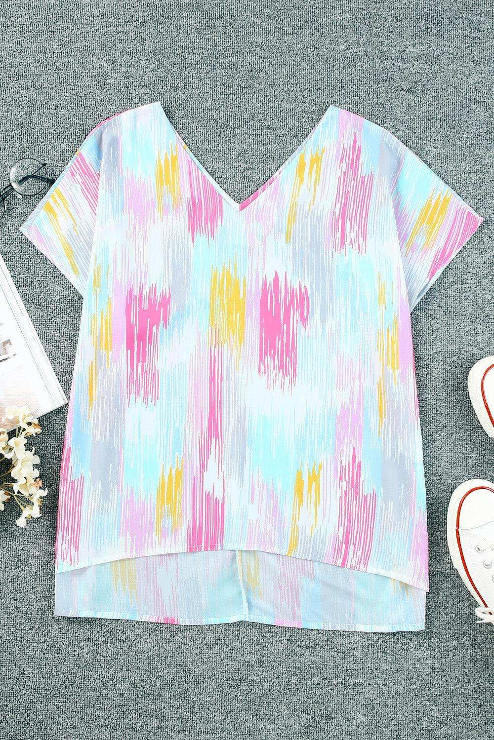 High-Low V-Neck Short Sleeve Blouse - Trendsi - Flyclothing LLC
