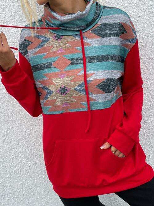 Geometric Drawstring Long-Sleeve Sweatshirt - Trendsi - Flyclothing LLC
