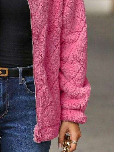 Fuzzy Pocketed Zip Up Jacket - Trendsi - Flyclothing LLC