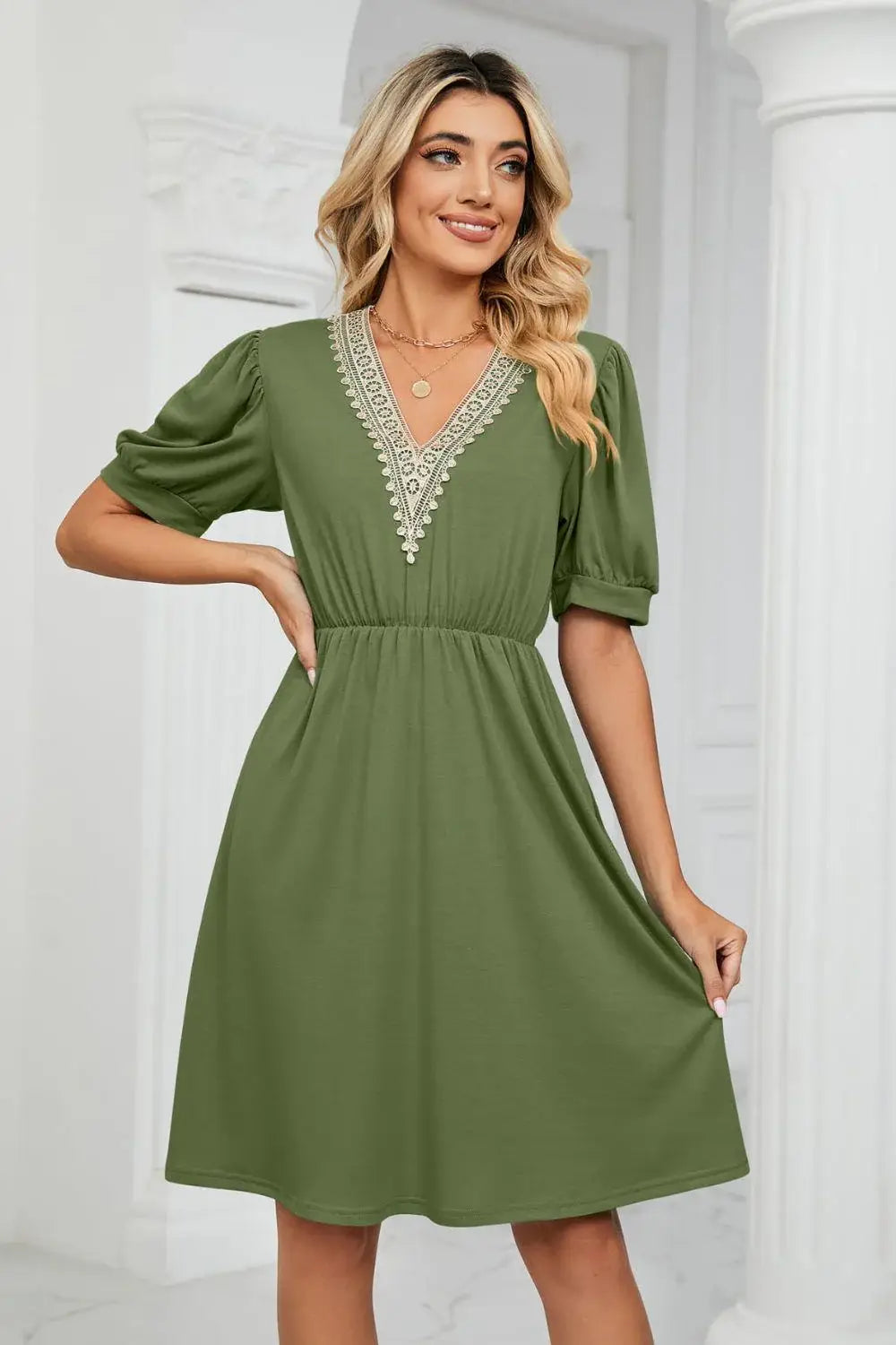 Contrast V-Neck Puff Sleeve Pocket Dress - Trendsi - Flyclothing LLC