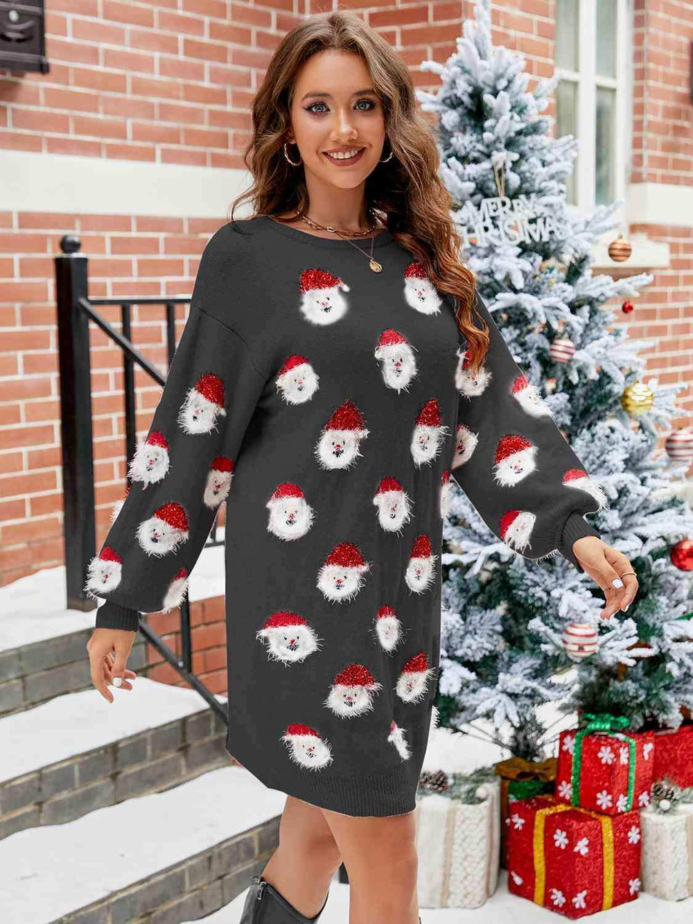 Round Neck Dropped Shoulder Sweater Dress - Trendsi - Flyclothing LLC