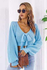 Bow V-Neck Long Sleeve Cropped Sweater - Trendsi - Flyclothing LLC