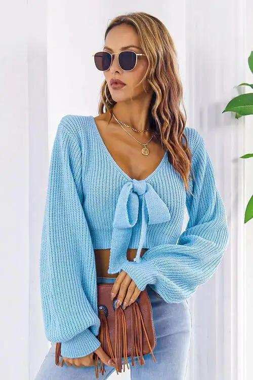 Bow V-Neck Long Sleeve Cropped Sweater - Trendsi - Flyclothing LLC