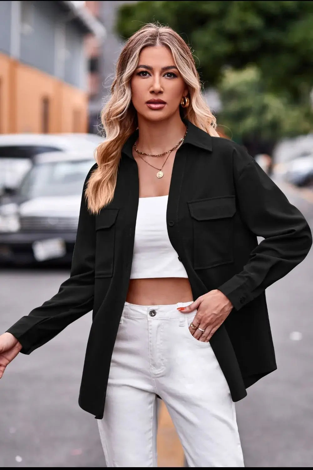 Dropped Shoulder Longline Shirt with Pockets - Trendsi - Flyclothing LLC