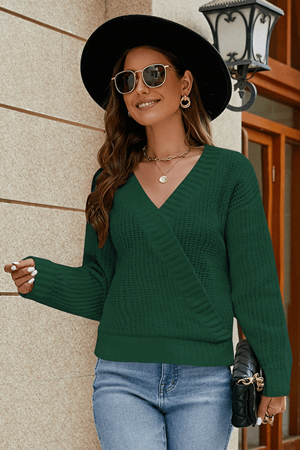 Surplice Neck Long Sleeve Sweater - Trendsi - Flyclothing LLC
