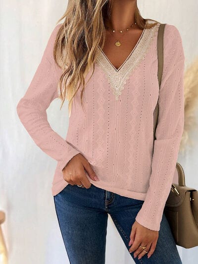 Eyelet V-Neck Dropped Shoulder T-Shirt - Trendsi