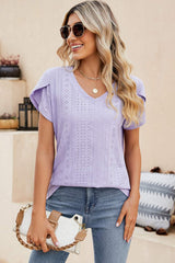 Eyelet V-Neck Petal Sleeve T-Shirt - Trendsi - Flyclothing LLC