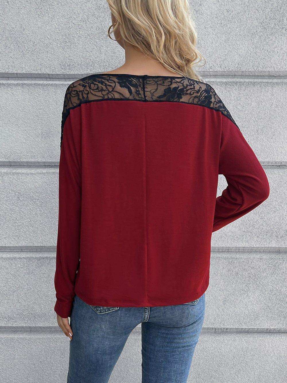 Lace Long Sleeve Round Neck Tee - Trendsi - Flyclothing LLC
