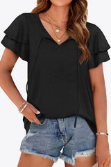 Tie-Neck Layered Flutter Sleeve Blouse - Trendsi - Flyclothing LLC