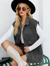 Collared Neck Sleeveless Denim Top with Pockets - Trendsi - Flyclothing LLC