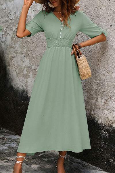 Smocked Quarter Button Short Sleeve Dress - Trendsi - Flyclothing LLC