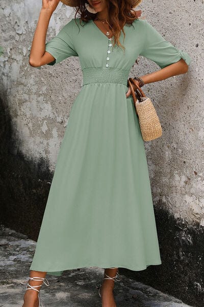 Smocked Quarter Button Short Sleeve Dress - Trendsi
