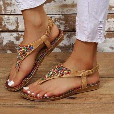 Beaded PU Leather Open Toe Sandals - Trendsi - Flyclothing LLC