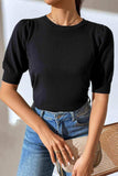 Round Neck Puff Sleeve Knit Top - Trendsi - Flyclothing LLC