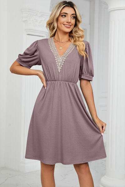 V-Neck Puff Sleeve Dress - Trendsi - Flyclothing LLC