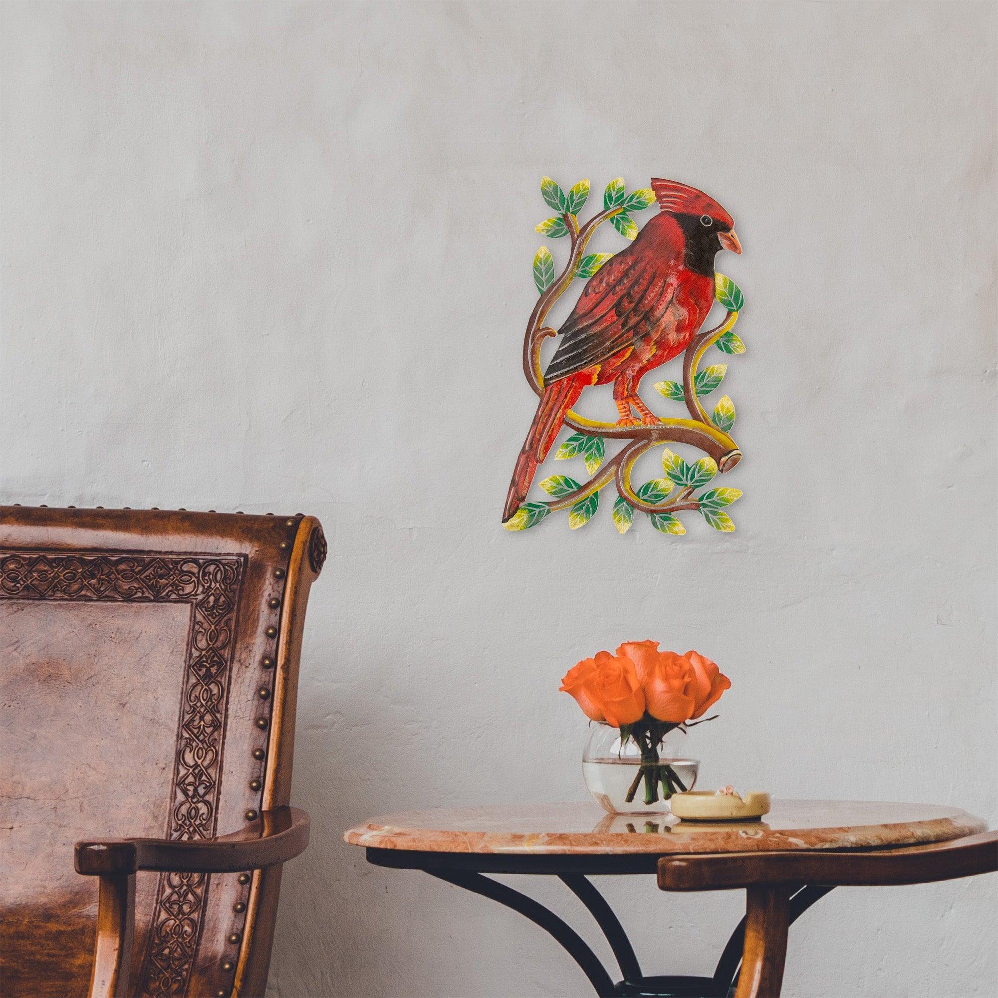 Cardinal on Branch, Painted Haitian Steel Drum Wall Art - Flyclothing LLC