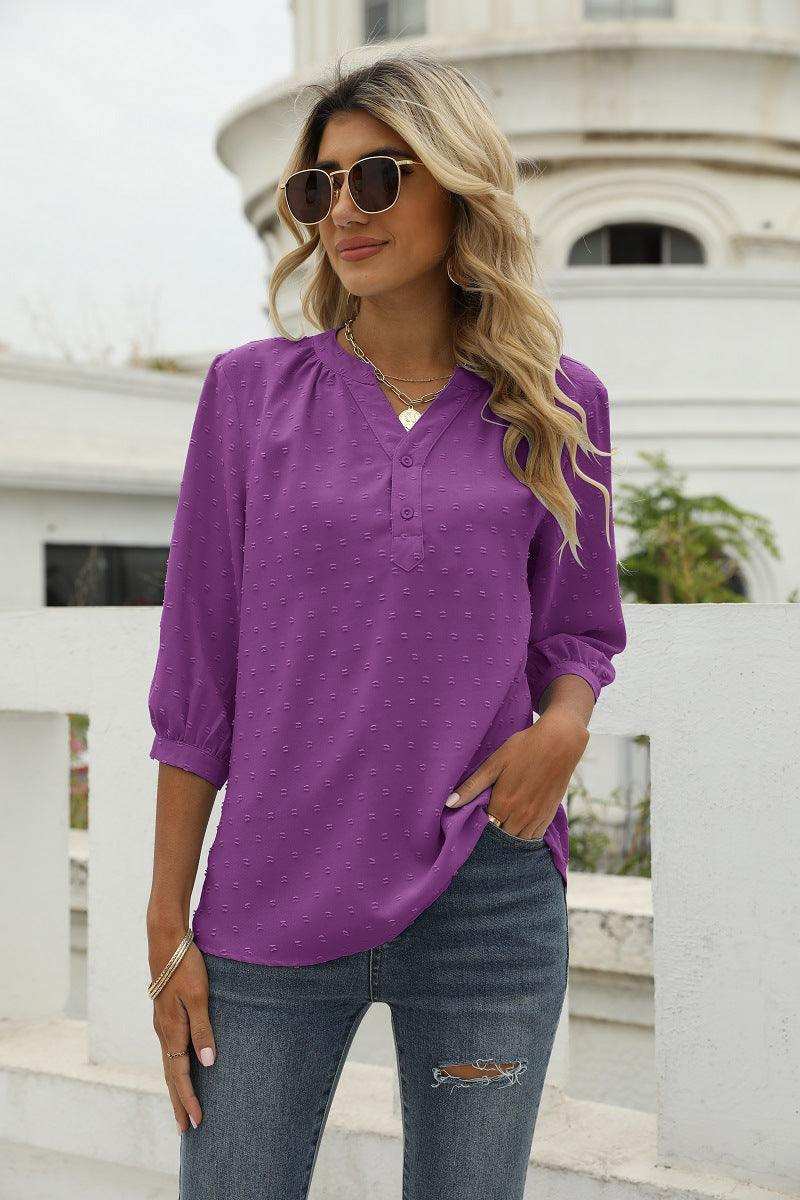 Swiss Dot Notched Neck Three-Quarter Sleeve Blouse - Trendsi - Flyclothing LLC
