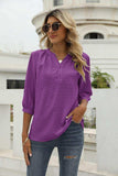 Swiss Dot Notched Neck Three-Quarter Sleeve Blouse - Trendsi - Flyclothing LLC