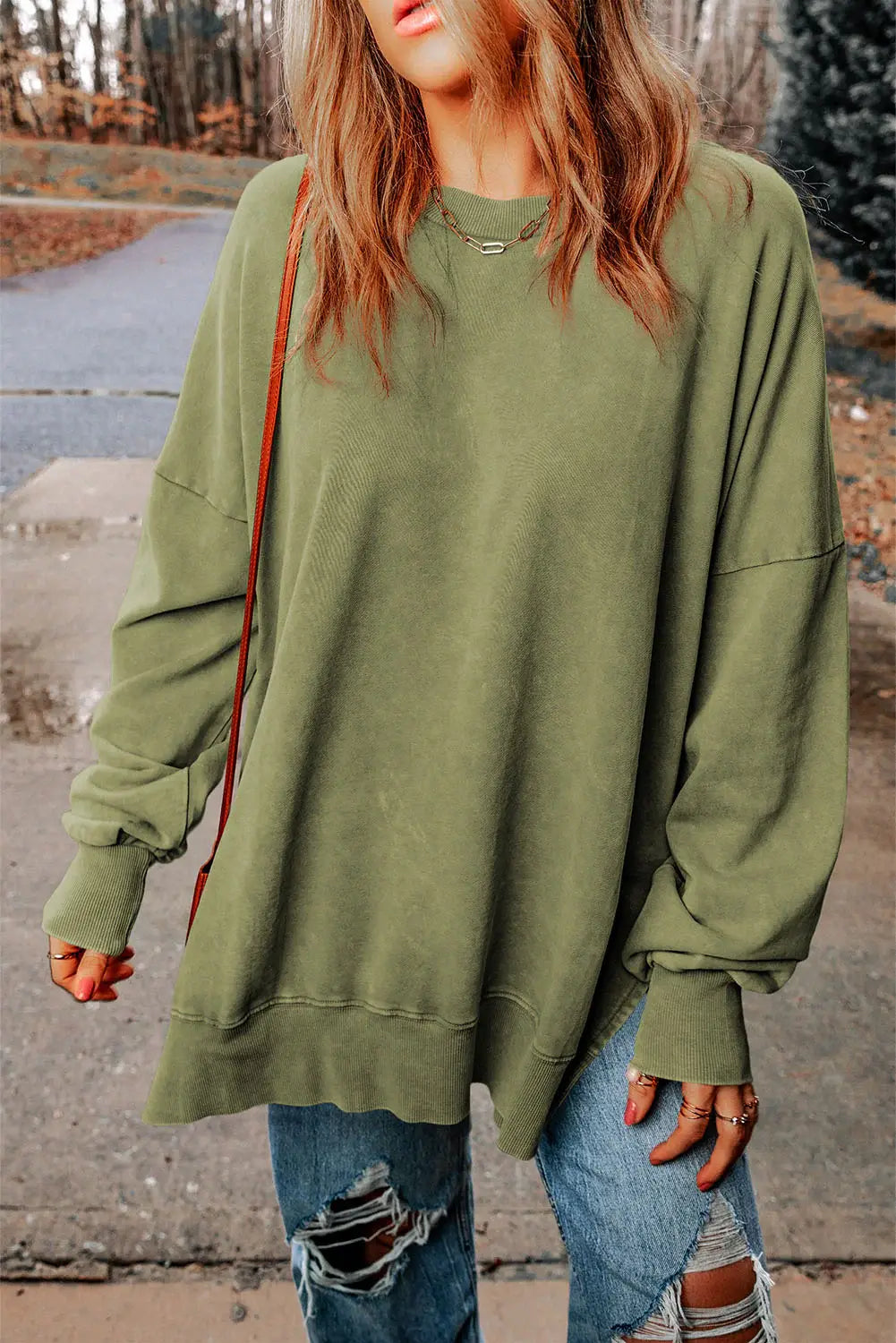 Dropped Shoulder Round Neck Long Sleeve Blouse - Trendsi - Flyclothing LLC