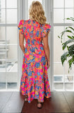Printed V-Neck Cap Sleeve Pocketed Midi Dress - Trendsi