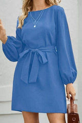 Tied Boat Neck Balloon Sleeve Mini Dress - Trendsi - Flyclothing LLC