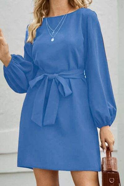 Tied Boat Neck Balloon Sleeve Mini Dress - Trendsi - Flyclothing LLC