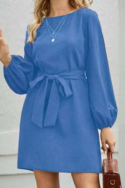 Tied Boat Neck Balloon Sleeve Mini Dress - Trendsi - Flyclothing LLC