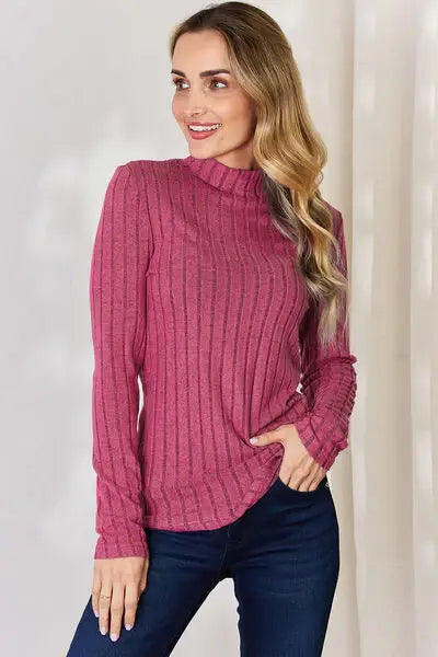 Basic Bae Full Size Ribbed Mock Neck Long Sleeve T-Shirt - Trendsi - Flyclothing LLC