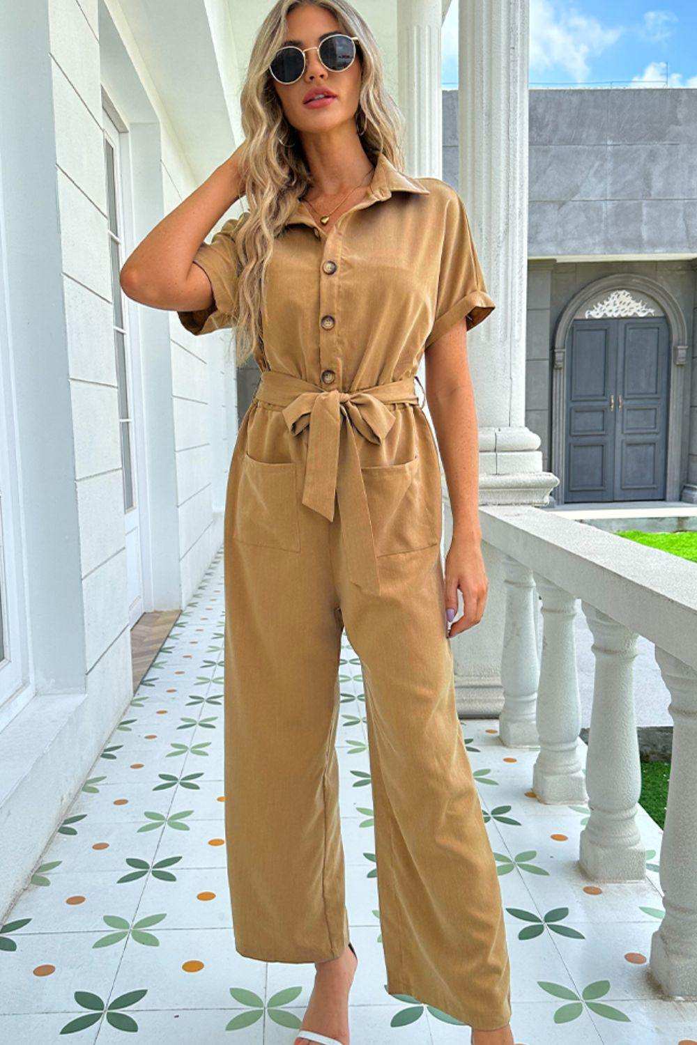 Tie Belt Buttoned Short Sleeve Collared Neck Jumpsuit - Trendsi - Flyclothing LLC