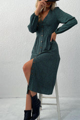 Printed Button Down V-Neck Midi Dress - Trendsi