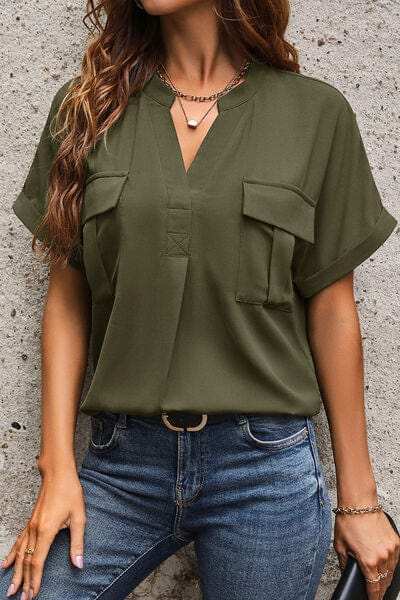 Pocketed Notched Short Sleeve Blouse - Trendsi - Flyclothing LLC