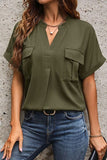 Pocketed Notched Short Sleeve Blouse - Trendsi