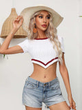 Contrast Round Neck Short Sleeve Cropped Knit Top - Trendsi - Flyclothing LLC