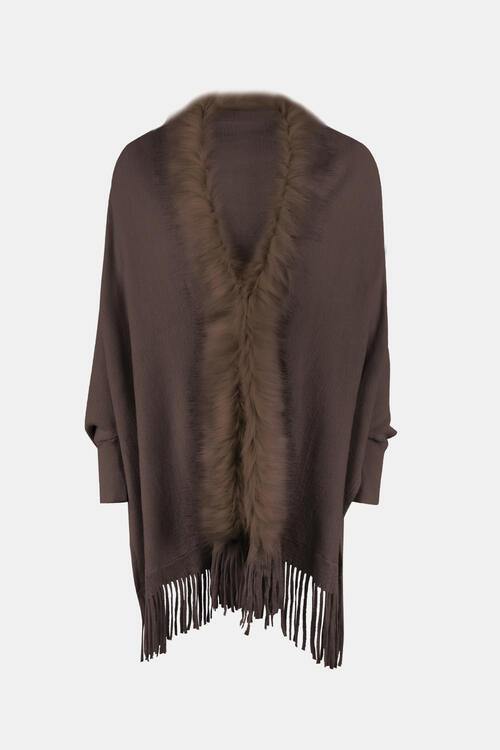 Fringe Open Front Long Sleeve Poncho - Trendsi