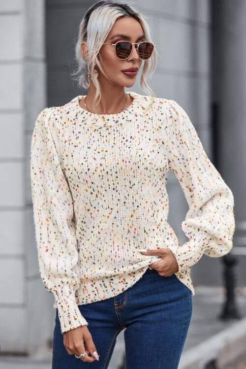 Heathered Round Neck Lantern Sleeve Sweater - Trendsi - Flyclothing LLC