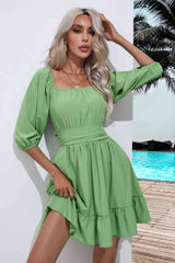 Square Neck Tie Back Ruffle Hem Dress - Trendsi - Flyclothing LLC