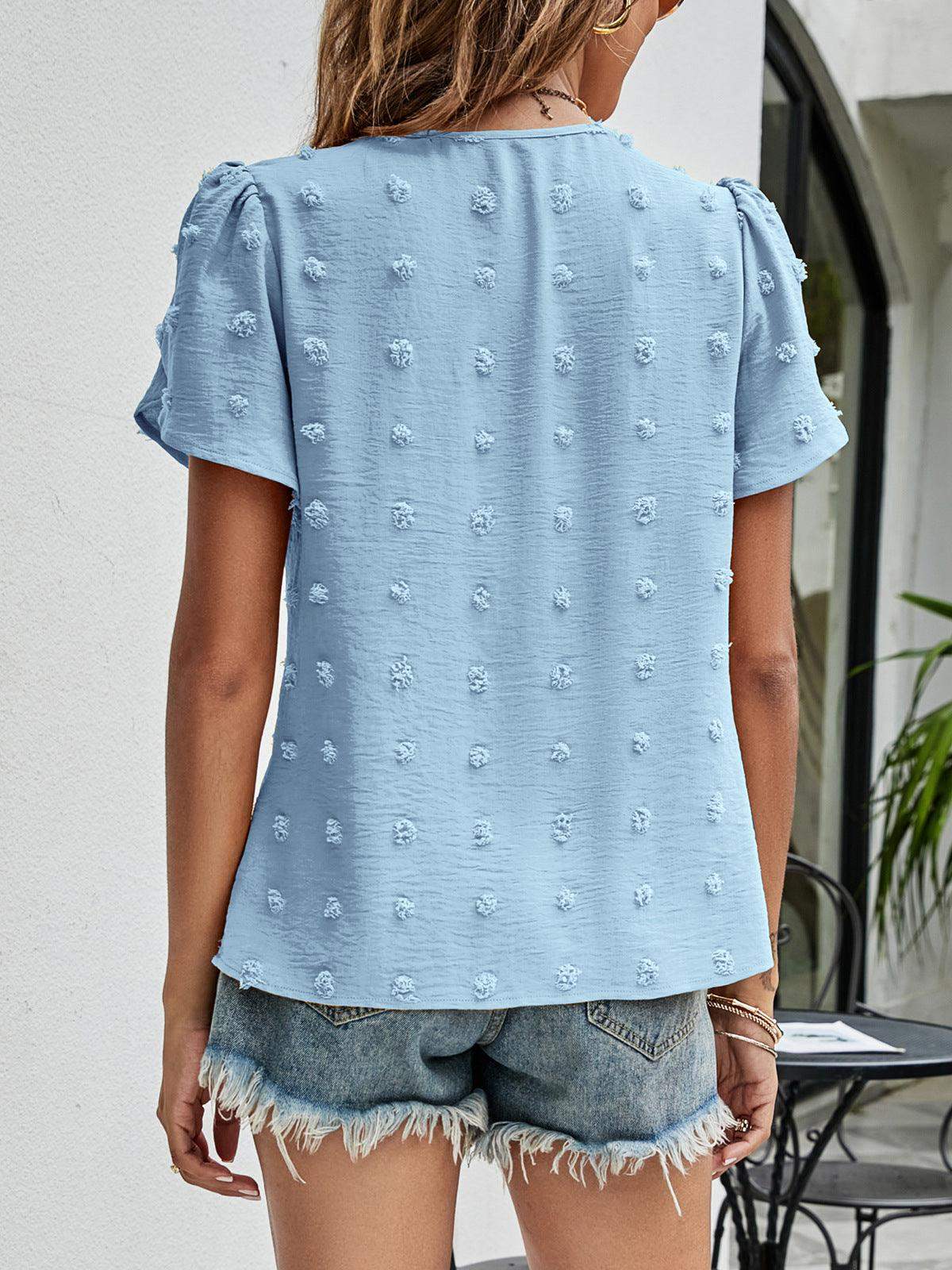 Swiss Dot Round Neck Petal Sleeve Top - Trendsi - Flyclothing LLC