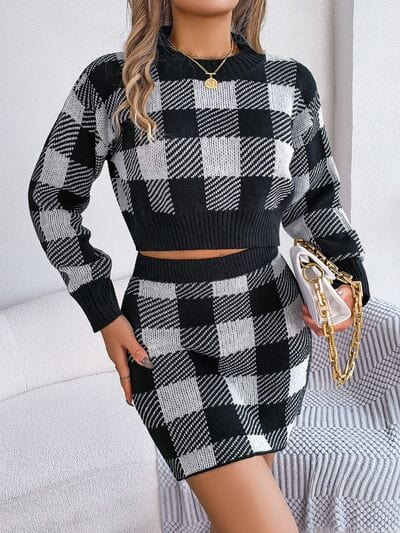 Plaid Round Neck Top and Skirt Sweater Set - Trendsi