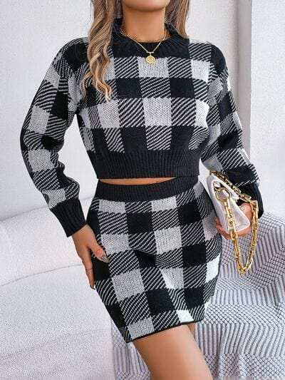 Plaid Round Neck Top and Skirt Sweater Set - Trendsi - Flyclothing LLC