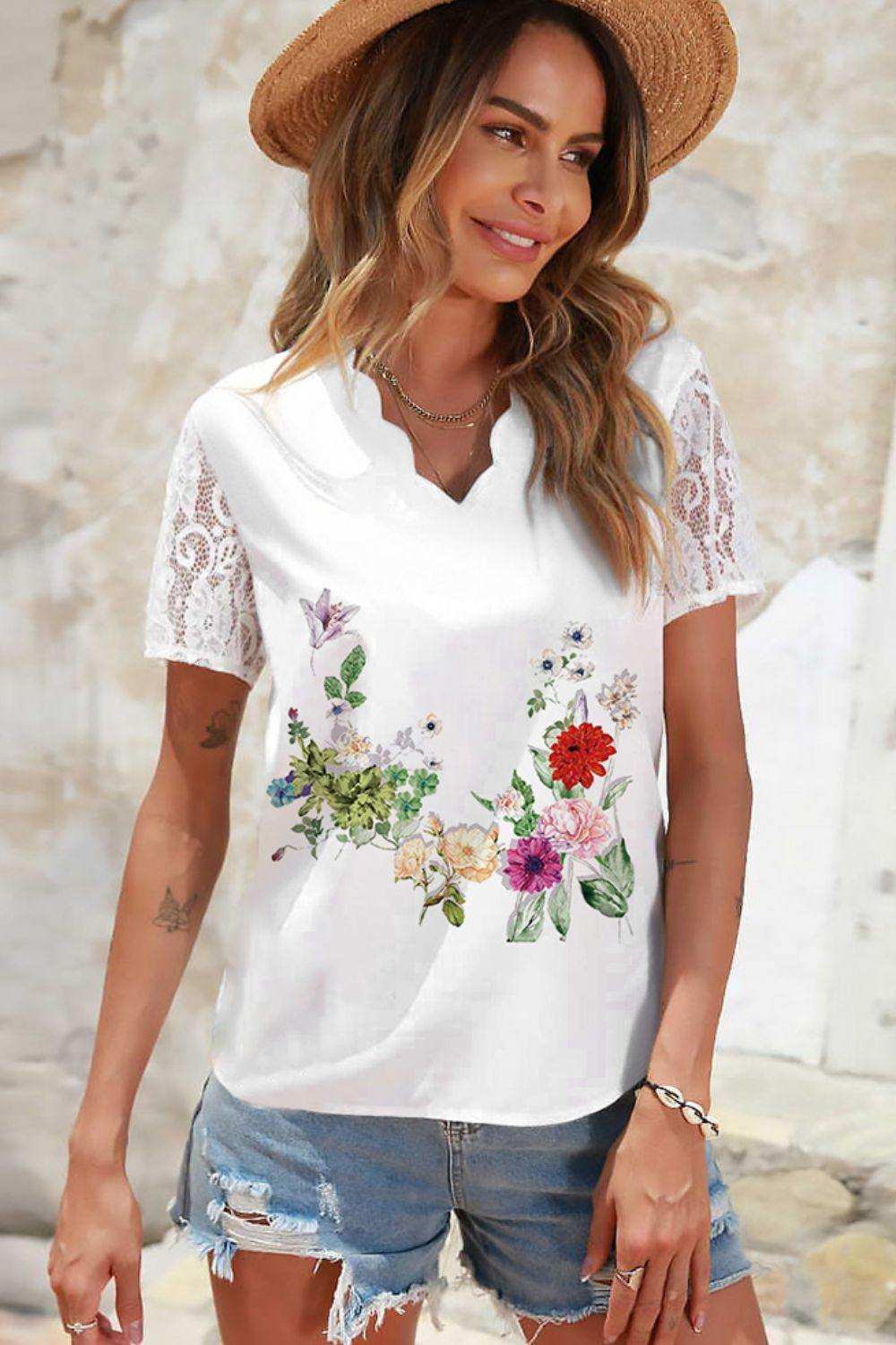 Floral Graphic Scalloped V-Neck Top - Trendsi - Flyclothing LLC
