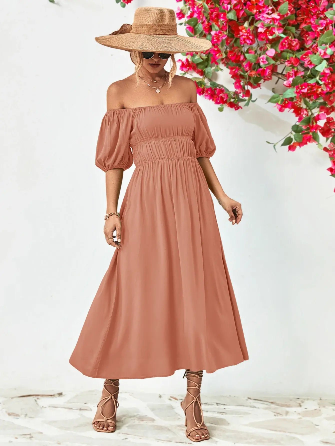 Off-Shoulder Balloon Sleeve Midi Dress - Trendsi - Flyclothing LLC